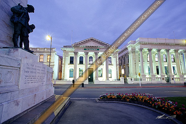 Photo of War memorial statue, historic Bank of Otago (1871) and NSW Bank (1883) Buildings - Oamaru limestone, Oamaru, Waitaki, Canterbury Region, New Zealand (NZ)