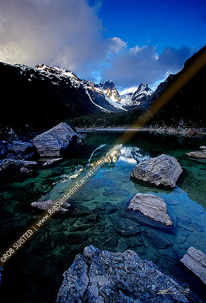 Photo of Evening colours on Emily Pass and Emily Peak reflected in Lake MacKenzie, Routeburn Track Great Walk, Fiordland National Park, Southland, Southland Region, New Zealand (NZ)