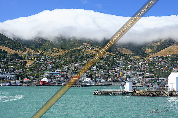Photo of Port of Lyttelton with cloud rolling over the Port Hills from Canterbury, Lyttelton, Christchurch City, Canterbury Region, New Zealand (NZ)