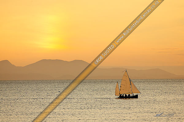 Photo of Small sailing ketch yacht in Plimmerton Harbour at twilight. Cook Strait and South Island behind, Plimmerton, Porirua City, Wellington Region, New Zealand (NZ)