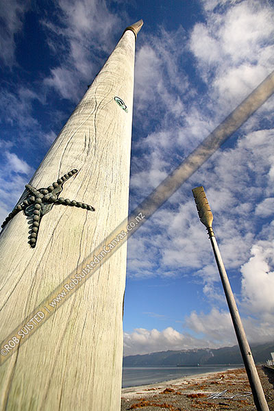 Photo of Oars sculpture on Petone Beach called 'Salute' by John Calvert 2003, recognising those who arrived on Petone's shores, Petone, Hutt City, Wellington Region, New Zealand (NZ)