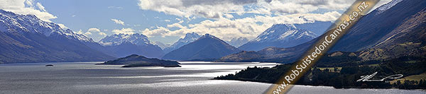 Photo of Panorama looking up Lake Wakatipu to Glenorchy and the Rees and Dart Rivers. Pig and Pigeon Islands, Queenstown, Queenstown Lakes, Otago Region, New Zealand (NZ)