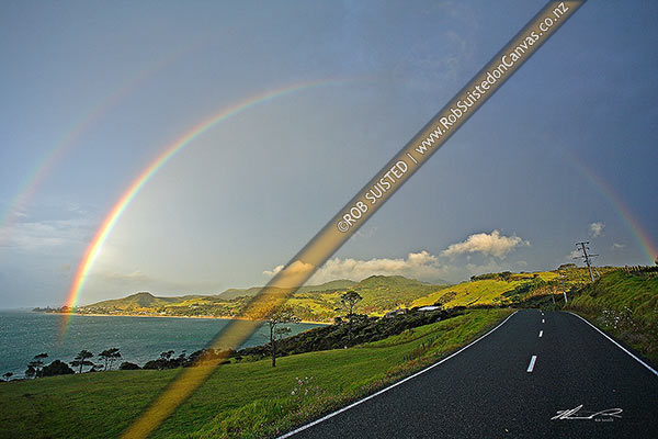 Photo of Double rainbow over the Hokianga Harbour and the towns of Omapere and Opononi, Omapere, Hokianga, Far North, Northland Region, New Zealand (NZ)