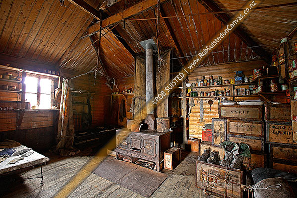 Photo of Interior of Ernest Shackleton's British Antarctic (Nimrod 1907-09) Expedition hut with Smith and Wellstood Columbian Stove and kitchen, Cape Royds, Ross Island, Antarctica, Antarctica