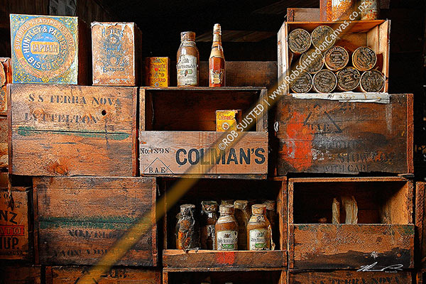 Photo of BAE stores and cases, Colman's, Huntley and Palmer, Hunter's etc in Captain Robert Falcon Scott's 1910-12 Terra Nova Expedition Hut at Cape Evans, Ross Island, Ross Sea, McMurdo Sound, Antarctica, Antarctica Region, Antarctica