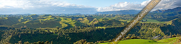 Photo of Rural panorama across lush spring farmland hillcountry and bush forest on the foothills of the Rauhine Range, Apiti, Manawatu, Manawatu-Wanganui Region, New Zealand (NZ)