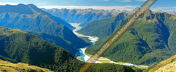 Photo of Haast River Valley from the Thomas Range. Mount Brewster (2515m) right, with Midnight Ridge foreground, Roaring Billy left. Southern Alps distant, Haast, Westland, West Coast Region, New Zealand (NZ)