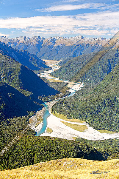 Photo of Haast River Valley and highway from the Thomas Range. Midnight Ridge foreground. Southern Alps and Bealey Range distant, Haast, Westland, West Coast Region, New Zealand (NZ)