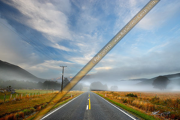 Photo of Early morning mists drifting across the road with mountains beyond. State Highway 63, St Arnaud, Tasman, Tasman Region, New Zealand (NZ)