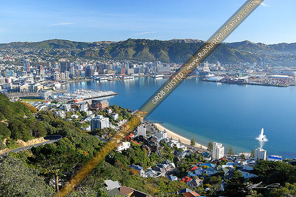 Photo of Wellington City and Harbour from Mount Victoria with fountain playing at Oriental Bay, on a still autumn morning, Wellington, Wellington City, Wellington Region, New Zealand (NZ)
