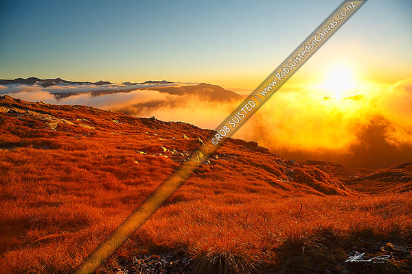 Photo of Alpine sunset on the Thomas Range, Sun setting over mist and cloud rolling in from the Tasman Sea. Jackson Bay and Head visible in far centre, Haast, Westland, West Coast Region, New Zealand (NZ)
