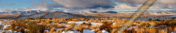 Photo of Desert Road winter panorama looking across the Moawhango Army tussocklands with snow in the red tussock grasses (Chionochloa rubra). Kaimanawa Mountains and Rangitikei beyond, Waiouru, Ruapehu, Manawatu-Wanganui Region, New Zealand (NZ)