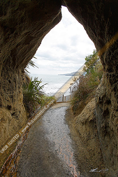 Photo of Historic Stock Tunnel at Waikawau Beach to allow droving up the coast, North Taranaki, Waikawau Beach, Waitomo, Waikato Region, New Zealand (NZ)