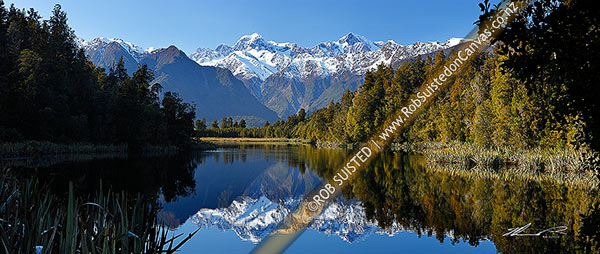 Photo of Lake Matheson. Morning calm reflections on lake with Aoraki / Mount Cook (right;3754m) and Mount Tasman (left;3498m). Panorama, Westland National Park, Westland, West Coast Region, New Zealand (NZ)