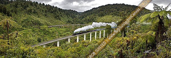 Photo of Hapuawhenua Viaducts, historic and modern, with steam locomotives and train crossing. North Island Main Trunk Railway Line Centenary celebrations. Tongariro National Park. Panorama, Ohakune, Ruapehu, Manawatu-Wanganui Region, New Zealand (NZ)