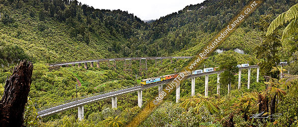 Photo of Hapuawhenua Viaducts, historic and modern, with Electric frieght train crossing heading north. North Island Main Trunk Railway Line (NIMT), Ohakune, Ruapehu, Manawatu-Wanganui Region, New Zealand (NZ)