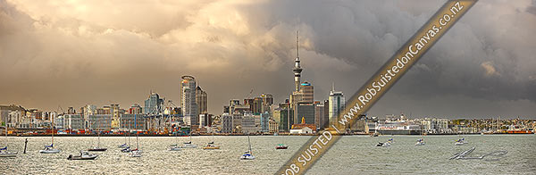 Photo of Auckland City panorama of CBD, buildings, waterfront and Sky tower from Devonport, with cruise ship berthed. Moody morning skies, Auckland City, Auckland City, Auckland Region, New Zealand (NZ)