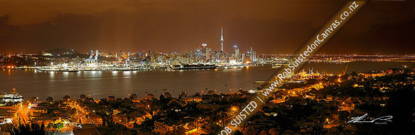 Photo of Auckland City night time panorama of CBD, buildings, waterfront, port and Sky tower from Mount Victoria, Devonport, Auckland City, Auckland City, Auckland Region, New Zealand (NZ)