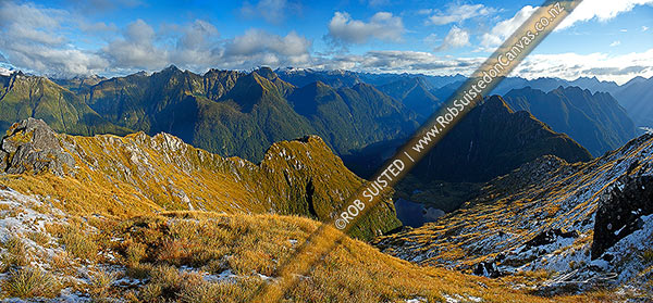 Photo of Looking across the Edith River to Lake Alice (centre) at dusk. George Sound far right. Glaisnock Wilderness Area panorama, Fiordland National Park, Southland, Southland Region, New Zealand (NZ)