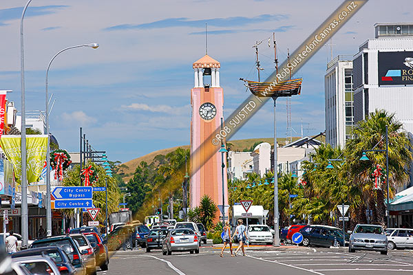 Photo of Gisborne City Art Deco clock tower in main street, Gladstone Road. Unveiled on 19 December 1934, Gisborne, Gisborne, Gisborne Region, New Zealand (NZ)