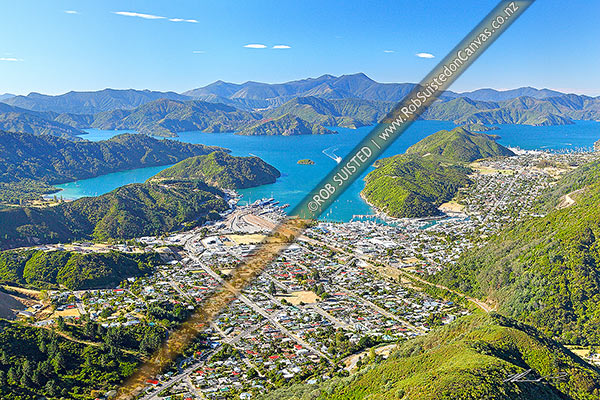 Photo of Picton township aerial view of cook strait ferry arriving in Queen Charlotte Sound & Picton Harbour. Shakespeare Bay left, Waikawa Bay right, Picton, Marlborough, Marlborough Region, New Zealand (NZ)