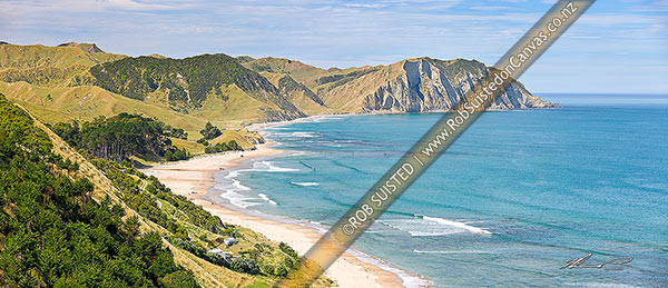 Photo of Waihau Bay and Waihau Beach panorama in summer, Tolaga Bay, Gisborne, Gisborne Region, New Zealand (NZ)