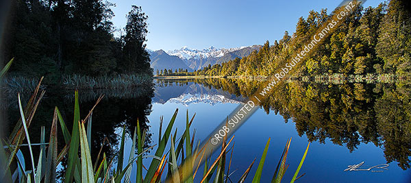 Photo of Lake Matheson. Morning calm reflections on lake with Aoraki / Mount Cook (right;3754m) and Mount Tasman (left;3498m). Panorama. South Westland, Westland National Park, Westland, West Coast Region, New Zealand (NZ)