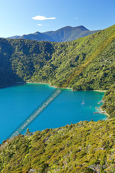 Photo of Queen Charlotte Sound. Quiet secluded bay with baches, jetties and yachts and bush clad hills, Marlborough Sounds, Marlborough, Marlborough Region, New Zealand (NZ)
