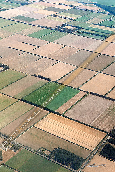 Photo of Canterbury plains, with a patchwork mosiac of irrigated farmland and crops and wind shelter belts, Rakaia, Timaru, Canterbury Region, New Zealand (NZ)