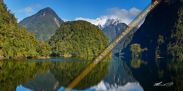 Photo of Doubtful Sound on a perfect winters day. Looking up Hall Arm past Davidson Head to Mt Danae, Doubtful Sound, Fiordland National Park, Southland, Southland Region, New Zealand (NZ)