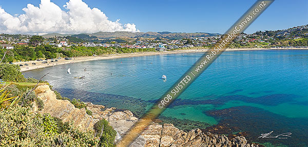 Photo of Titahi Bay beach with swimmers and summer visitors. Panorama, Titahi Bay, Porirua City, Wellington Region, New Zealand (NZ)