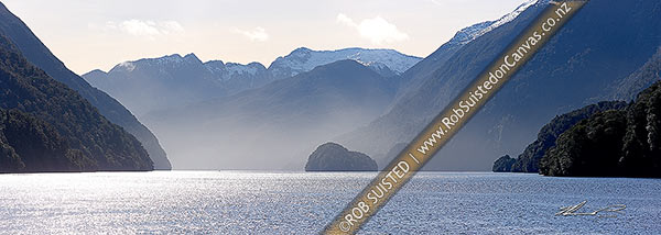 Photo of Doubtful Sound / Patea with Fergusson Island centre and Elizabeth Is. far right. Wilderness winter panorama, Doudtful Sound, Fiordland National Park, Southland, Southland Region, New Zealand (NZ)