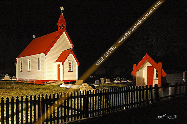 Photo of Waitetoko Church at Waitetoko Marae. Old Maori church and Urupa, taken at night, Turangi, Taupo, Waikato Region, New Zealand (NZ)