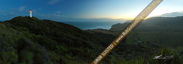 Photo of East Cape lighthouse at dusk, Tunanui Stream and Waikori Bluff distant right. Panorama, East Cape, Gisborne, Gisborne Region, New Zealand (NZ)