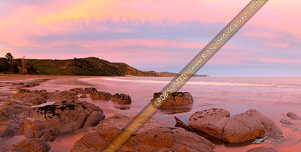 Photo of Sunset at Port Awanui and Te Wharau Beach. Whakaumu, East Cape and East Island (Whangaokeno) visible in distance. Panorama, Port Awanui, Gisborne, Gisborne Region, New Zealand (NZ)
