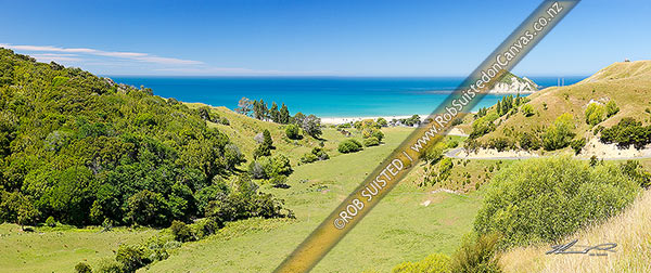Photo of Anaura Bay, Cook's landing place in 1769, with Motuoroi Island left. Panorama, Anaura Bay, Gisborne, Gisborne Region, New Zealand (NZ)