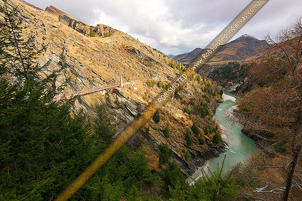 Photo of Skippers Road and Shotover River under the historic Skippers Bridge (96 m long, 90 m high, the 1901 Skippers suspension bridge), Queenstown, Queenstown Lakes, Otago Region, New Zealand (NZ)