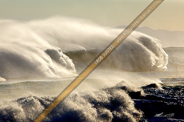 Photo of Giant waves and surf crashing onto the South Coast near Tongue Point and Karori Rock, from Cook Strait, Wellington South Coast, Wellington City, Wellington Region, New Zealand (NZ)