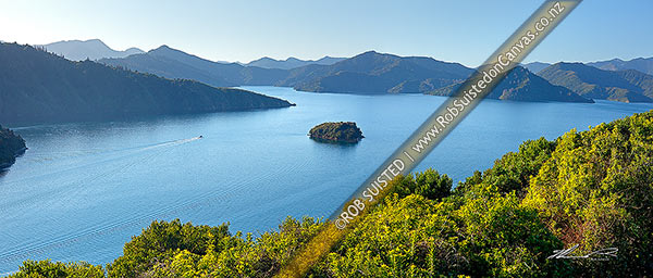 Photo of Queen Charlotte Sound in the Marlborough Sounds. Wedge Point, Grove Arm and Mabel Island centre, with powerboat heading out from Picton. Panorama, Picton, Marlborough Sounds, Marlborough, Marlborough Region, New Zealand (NZ)