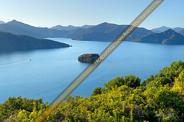 Photo of Queen Charlotte Sound in the Marlborough Sounds. Wedge Point, Grove Arm and Mabel Island centre, with powerboat heading out from Picton, Picton, Marlborough Sounds, Marlborough, Marlborough Region, New Zealand (NZ)