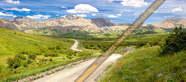 Photo of Molesworth Station road winding through the Awatere headwaters towards Wards Pass. Lush spring panorama with Turks Head centre left., Molesworth Station, Marlborough, Marlborough Region, New Zealand (NZ)