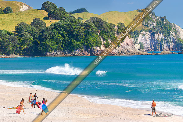 Photo of Whiritoa Beach on the Coromandel, with people enjoying bodyboarding, swimming, surfing, walking and sunbathing in summer warmth. Coromandel Peninsula, Whiritoa, Hauraki, Waikato Region, New Zealand (NZ)