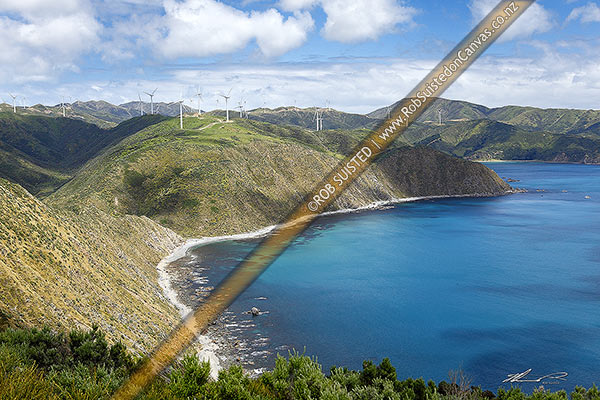 Photo of Wind turbines generating electricity above Opau Bay, with Te Ikaamaru Bay far right. Meridian Energys Project West Wind farm, Makara Beach, Wellington City, Wellington Region, New Zealand (NZ)
