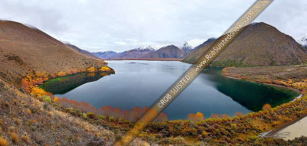 Photo of Lake McRae in Autumn colours. Looking up the Tweed River valley and Inland Kaikoura Range right. Goat Valley Stream far right. Panorama, Molesworth Station, Marlborough, Marlborough Region, New Zealand (NZ)