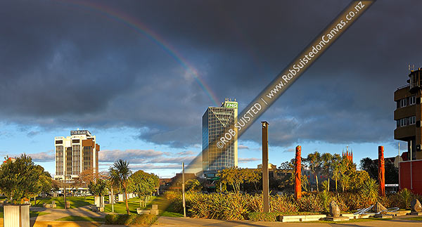 Photo of FMG building with rainbow, seen from The Square in Palmerston North city centre (Farmers Mutual Group). Panorama, Palmerston North, Palmerston North, Manawatu-Wanganui Region, New Zealand (NZ)