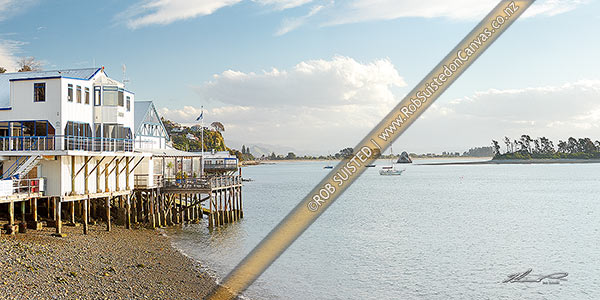 Photo of Nelson waterfront with Yacht Club, The Boathouse and Boat shed restaurants. Haulashore Island right and Tahunanui beach beyond. Panorama, Nelson, Nelson City, Nelson Region, New Zealand (NZ)