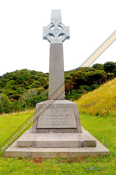 Photo of Marsden Cross, commenorating where Rev. Samuel Marsden established the first mission station and preached his 1st sermon Christmas Day 1814. Bay of Islands, Kerikeri, Far North, Northland Region, New Zealand (NZ)