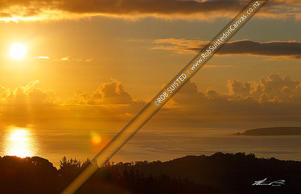 Photo of Sunrise over Omaha Bay, with Takatu Point and Tawharanui Peninsula at right, Leigh, Rodney, Auckland Region, New Zealand (NZ)