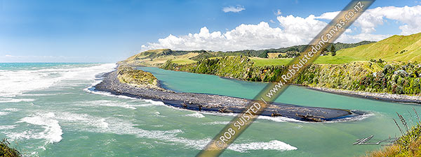 Photo of Awakino River Mouth and sand bar. Panorama, Awakino, Waitomo, Waikato Region, New Zealand (NZ)