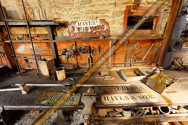 Photo of Inside Hayes Engineering Works, historic site of Ernest and Hannah Hayes' rural farm inventions business from 1895, powered by windmill and waterwheel. Ida Valley, Oturehua, Central Otago, Otago Region, New Zealand (NZ)